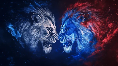 Two lions face opposing positions with neon blue and red lighting effects