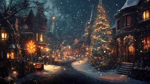 Snowy Christmas street glows with festive lights and warmth.
