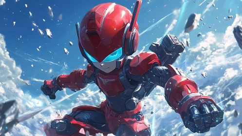 Skybound red mech hero dashing through shattered clouds.