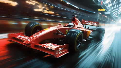 Red Formula race car blasts through neon-lit wet circuit