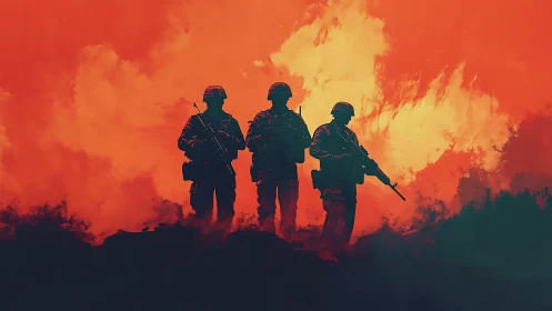 Silhouetted soldiers stand amid fiery explosions and smoke.