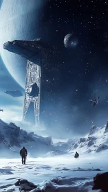 Snowy alien landscape under colossal ringed planet