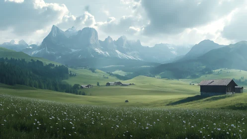 Alpine meadow stretches toward sunlit jagged mountain peaks.