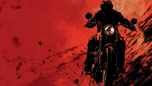 Motorcyclist silhouette cutting through dynamic red grit field.