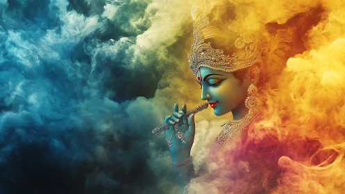 Divine blue deity portrait in swirling cyan and gold mist.