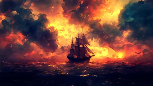 Tall ship cuts through molten sunset storm seascape.