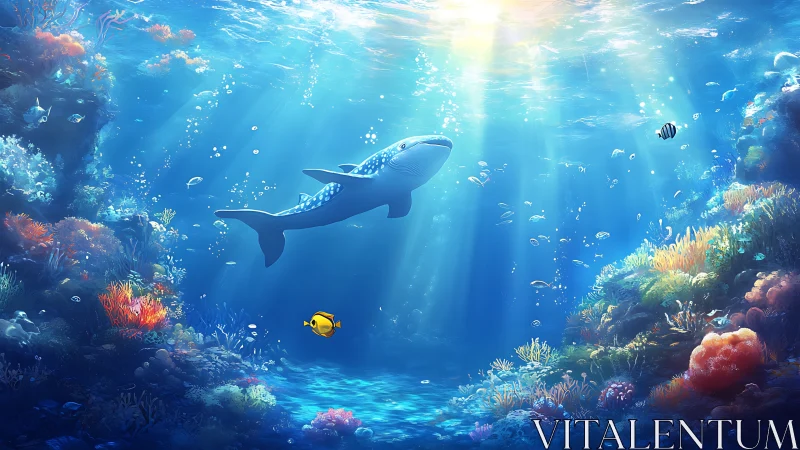 Gentle whale shark glides through sunlit coral kingdom below