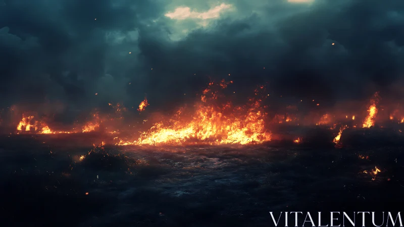 Massive Wildfire Raging Against Darkened Storm Sky.