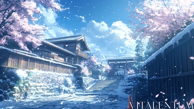 Snowy Japanese street contrasts cherry blossoms and clear sky