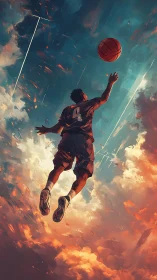 Basketball player leaping toward ball in dynamic sky scene.