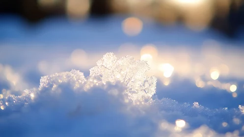 Snow crystal macro in golden hour backlight bokeh field.