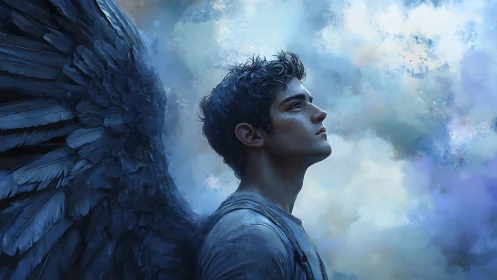 Solitary angelic figure rendered in cool atmospheric digital brushwork