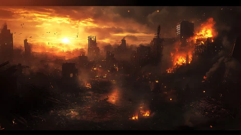 Burning post apocalyptic city under harsh red sunset.