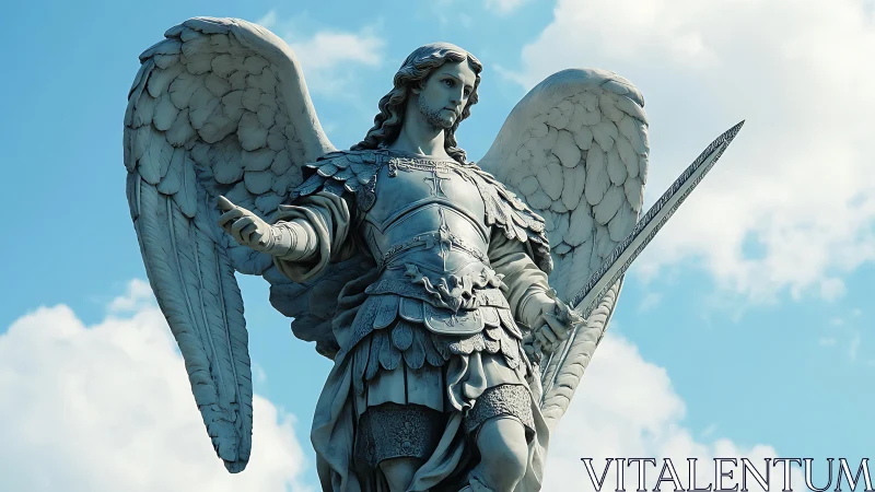 Winged warrior angel statue holding sword against sky.