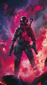 Armored sci fi soldier amid neon inferno clouds.
