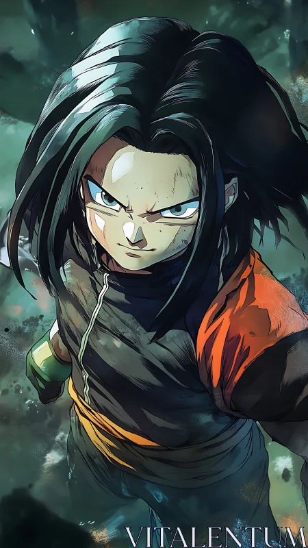 Intense anime warrior glares upward in dynamic battle pose.