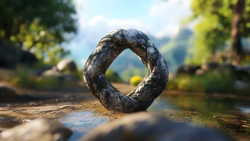 Stone ring daydreaming in a sunlit forest stream portal.