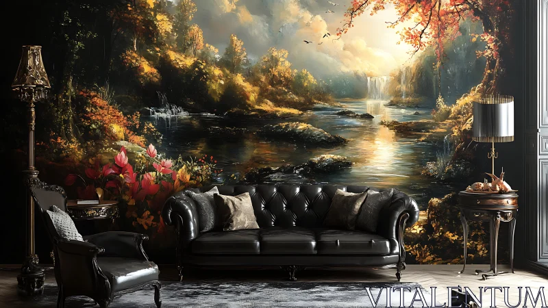 Luxury living room with large autumn landscape mural wall