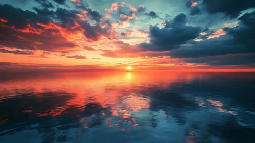 Sun sets over calm ocean horizon under dense cloud cover