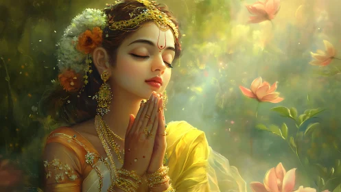 Softly illuminated devotional portrait with floral ornamentation