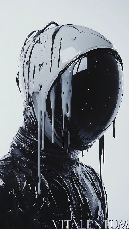 Glossy coated humanoid figure stands in dripping liquid suit