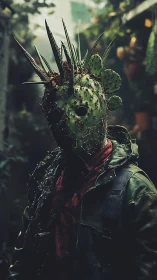 Figure wearing cactus mask in dense greenhouse setting.