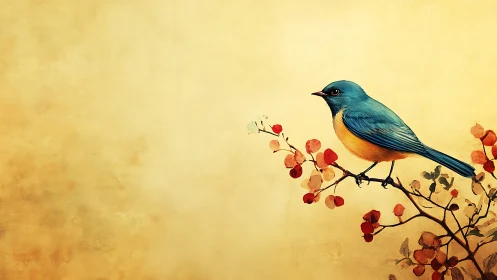 Vibrant blue and orange bird on branch, watercolor style illustration.