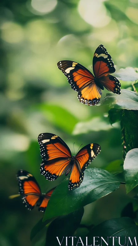 Macro telephoto study of monarch-like butterflies on foliage