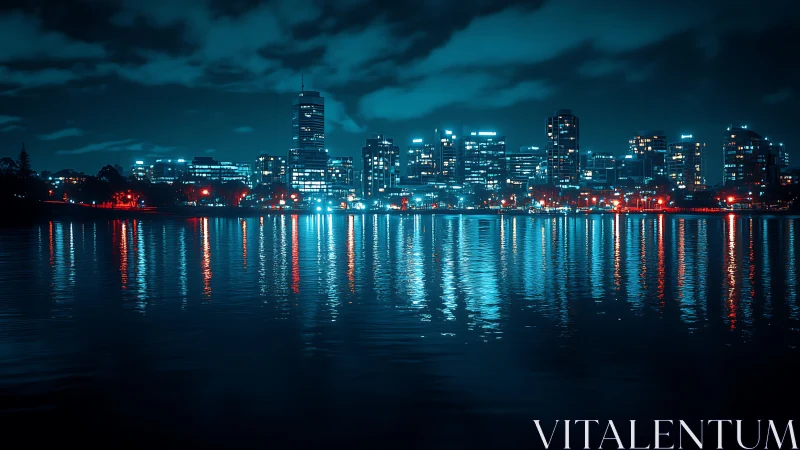 Neon riverfront skyline bathing the night in cyan fire.