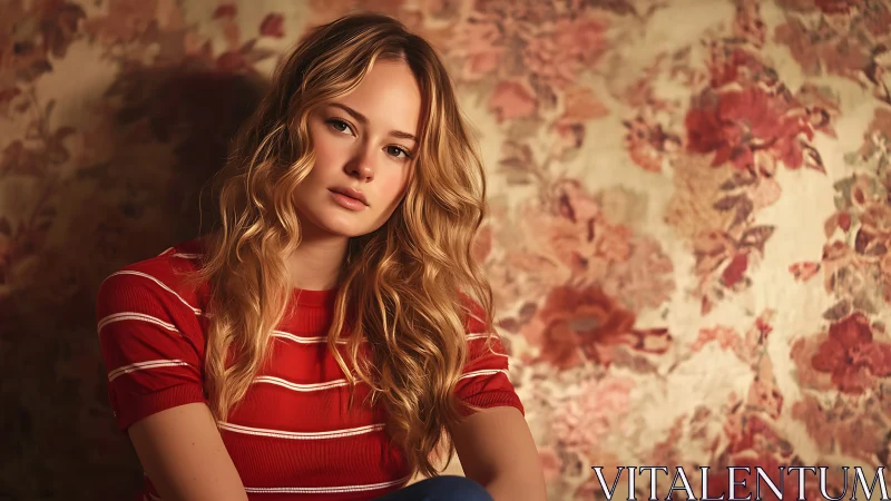 Young woman in striped red shirt against floral backdrop.