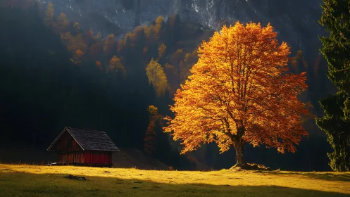 Golden autumn tree guarding a quiet alpine woodland cabin.