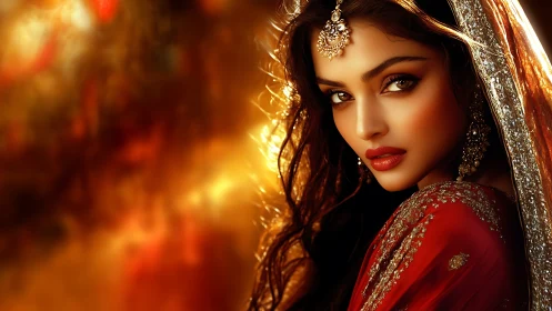 Digital portrait shows woman in red sari under warm light