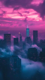 Vertical cityscape shows fog-covered towers at dusk