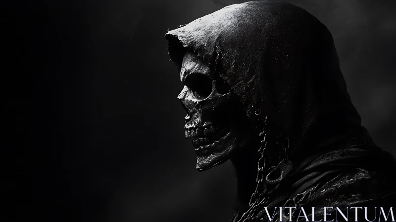 Shadowed skeletal reaper gazes calmly into the darkness