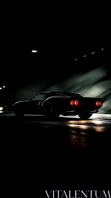 Midnight muscle car prowls through slick tunnel shadows.