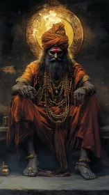 Seated ascetic figure framed by circular luminous backdrop