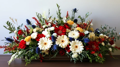 Patriotic Mixed Floral Arrangement with Red Roses, Cream Gerberas, Navy Thistle