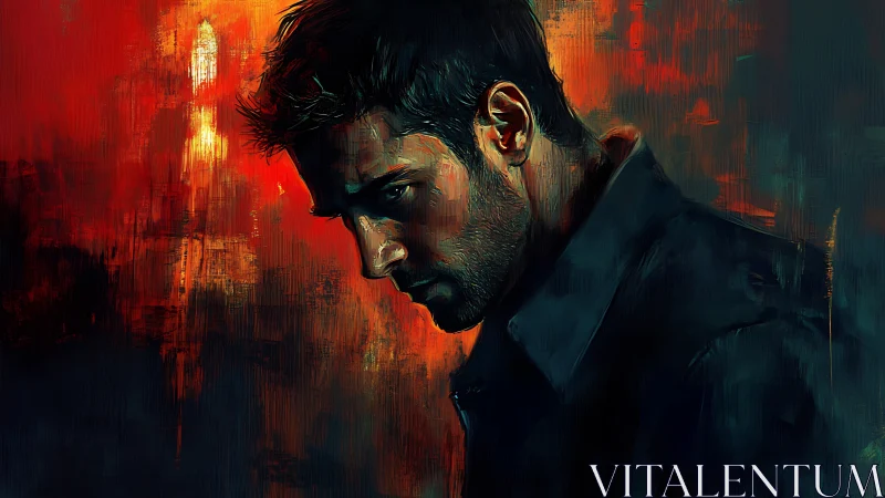 Brooding man profile in fiery abstract light. Oil mood study.