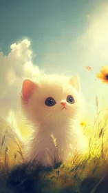 Ethereal White Kitten in Golden Meadow with Luminous Sky
