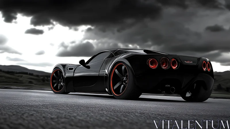 Black sports coupe on wet road under overcast sky.