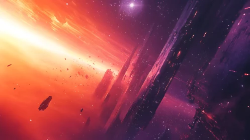 Vertical space megastructures drift through glowing nebula