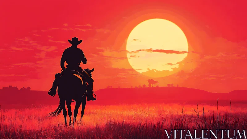 Silhouetted cowboy on horseback against red sunset landscape.