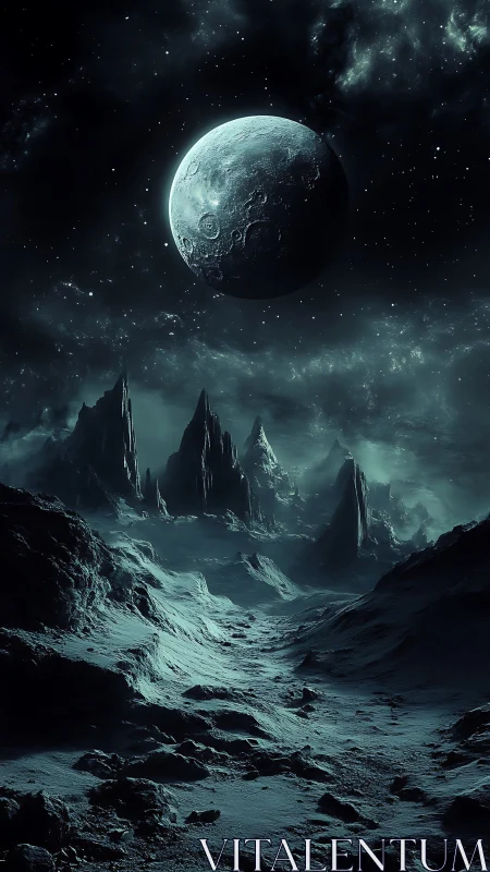 Lunar-lit exoplanet wasteland under cratered satellite sphere