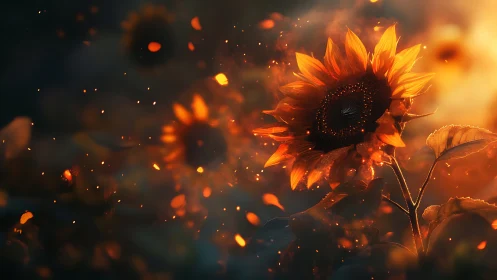Fiery sunflower glows amid drifting embers at dusk.
