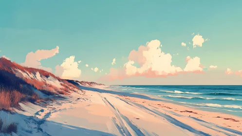 Sunlit coastal dunes under pastel clouds and turquoise sky.