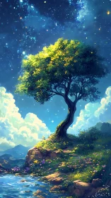 Solitary tree stands on rocky slope under dense star field