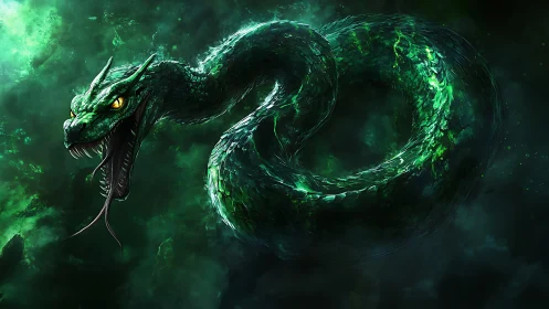 Emerald serpent surges through stormy void in vivid detail