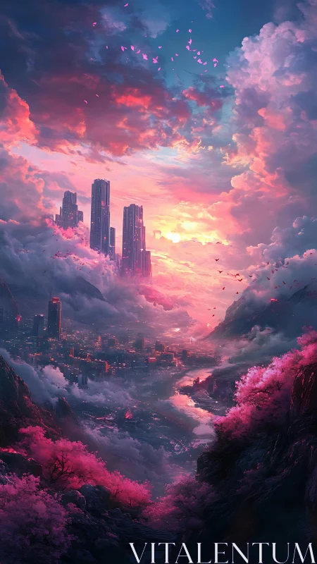 Vertical cityscape amid clouds over river valley at sunset.