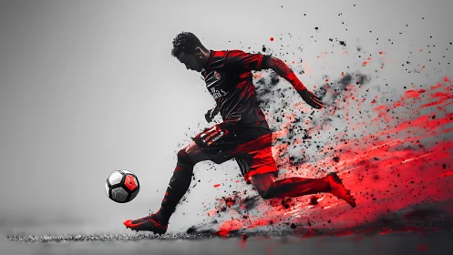 Dynamic soccer player kicking ball in explosive red motion.