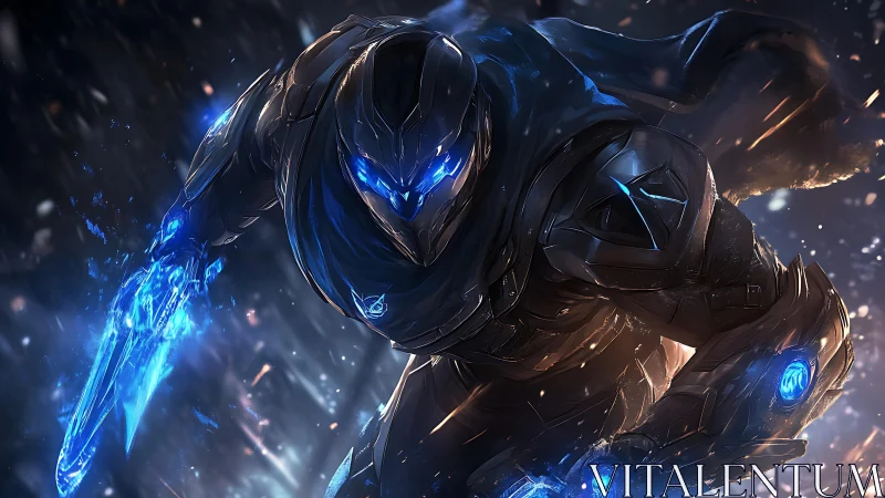 Armored cybernetic warrior charges forward with blue energy blades